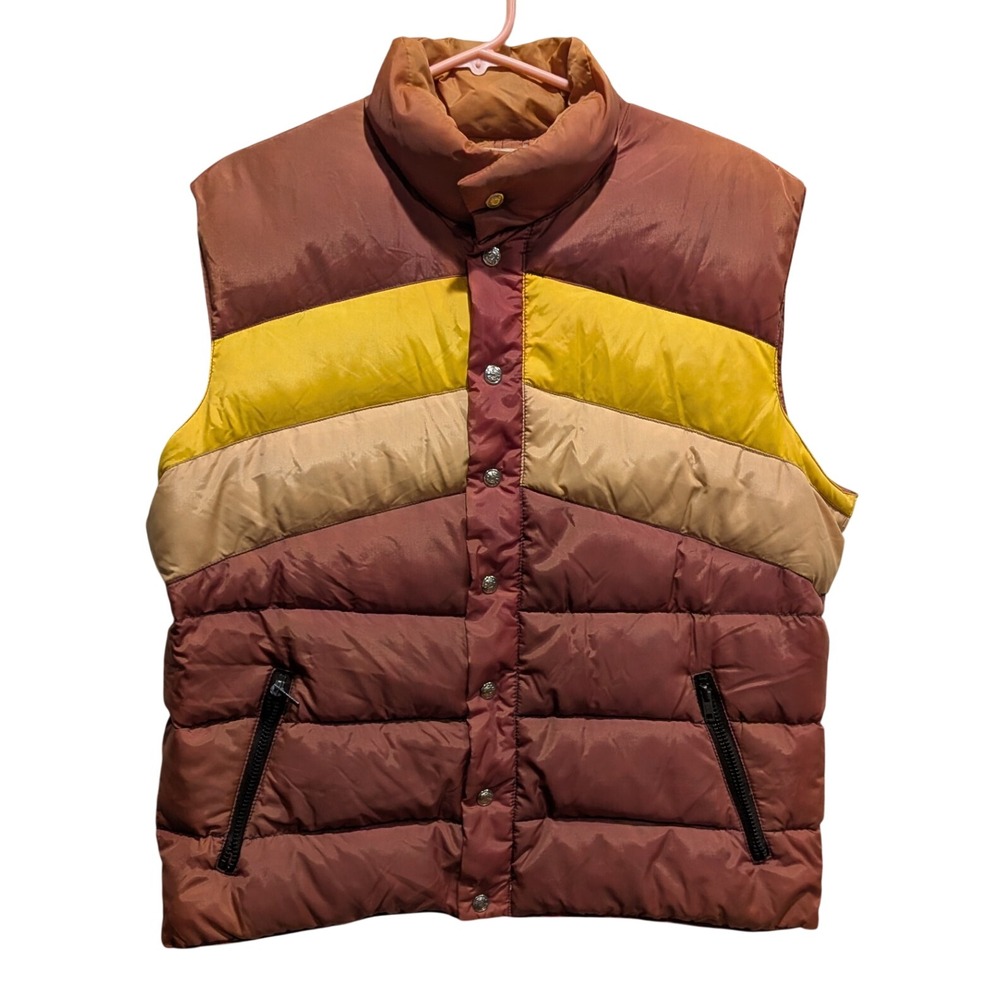 Vintage 70s Ski Daddle Mens L Down Puffer Vest Brown Yellow Retro Ski